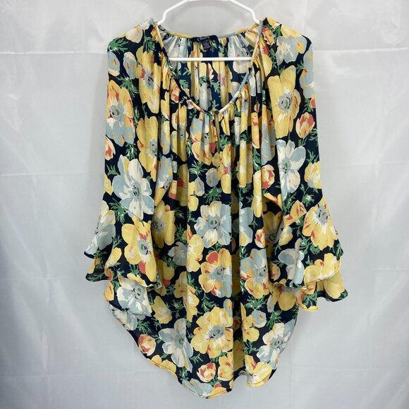 Chaps Women 2X Floral Blouse Top 3/4 Bell Sleeve Summer Spring Sheer Keyhole - Picture 1 of 8